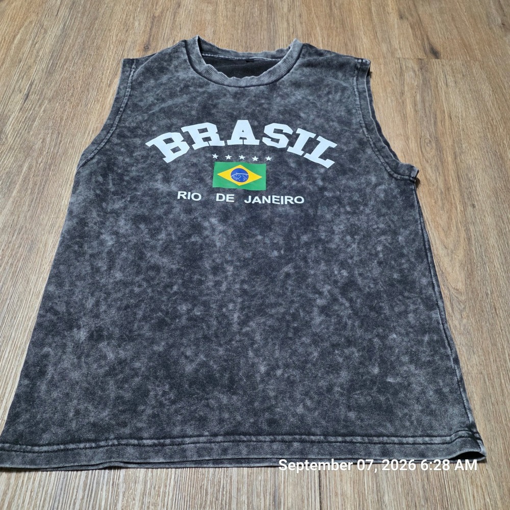 Brasil Rio De Janeiro Acid Wash Muscle Tee Sleeveless Shirt Black Small